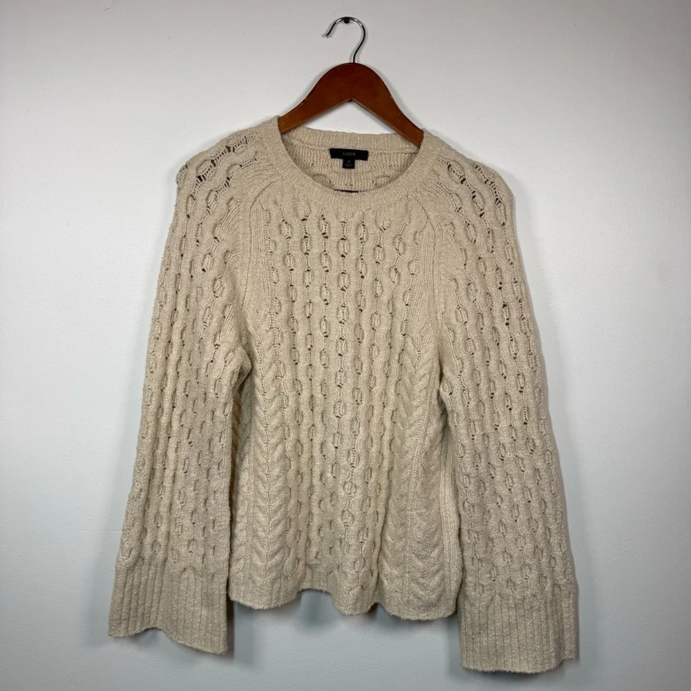 J.Crew Women's Cotton Blend Bouclé‎ Cable Knit Crew Neck Pullover Sweater